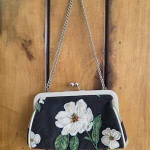 Isabella Fiore Black Clutch with Green and White Floral Embroidery